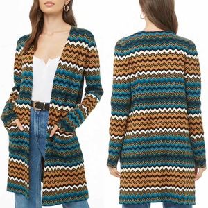 Forever 21 Chevron Zig Zag Dark Turquoise Open Front Sweater Cardigan Size Large
